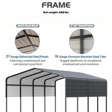 Cochera metálica resistente con techo de acero galvanizado resistente a la intemperie y estructura reforzada. Refugio exterior extragrande para autos, camiones, ba - Negro - Ver 2