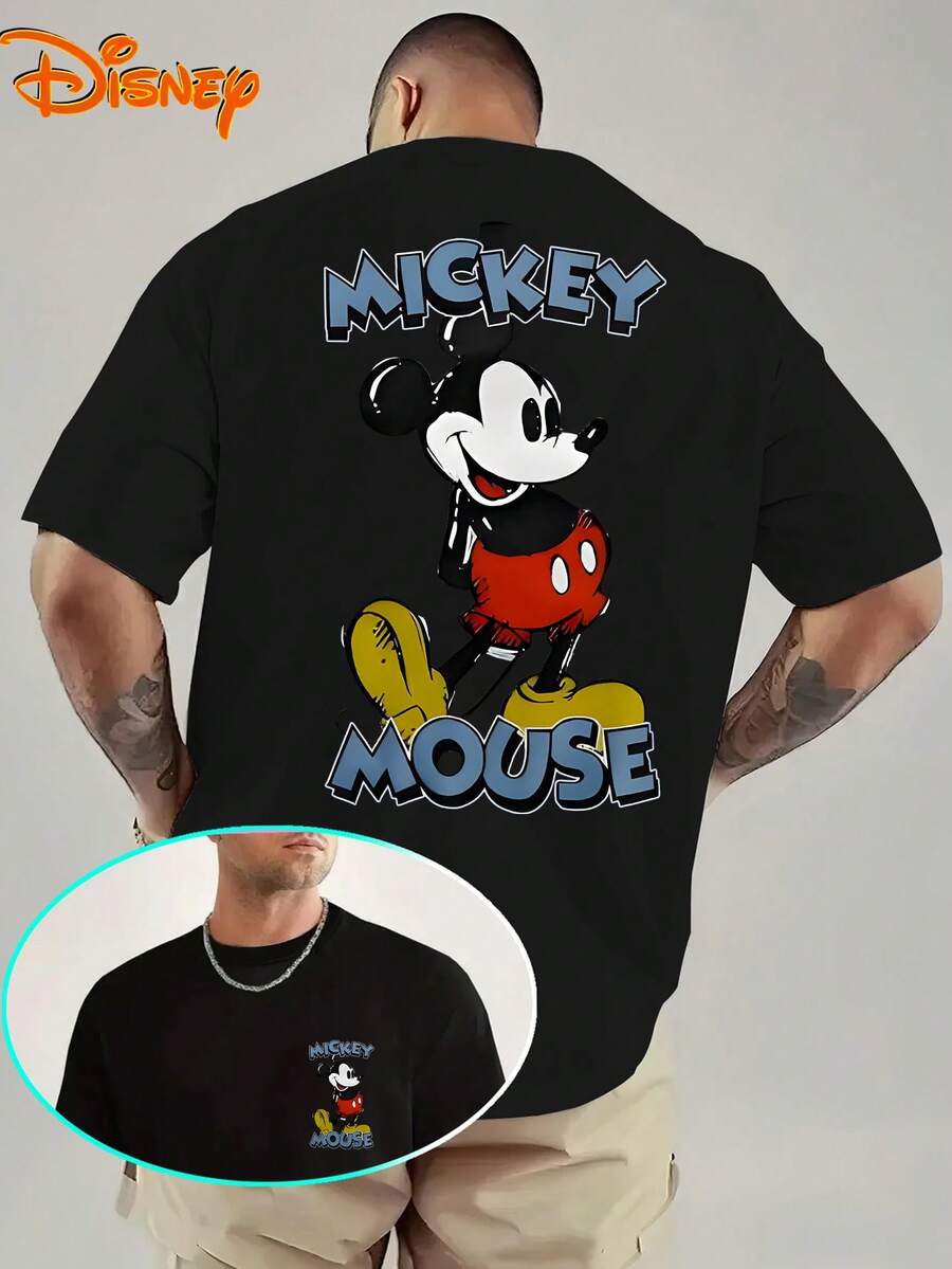 Disney Men's T-Shirt With Mickey Mouse Cartoon Pattern Printed On The Front And Back, Fashionable, Soft And Comfortable Cotton T-Shirt, Retro Street Feel - Black - View 1