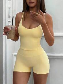 Women's Summer Yellow Sports Two Pieces Simple Sexy Hot Girl Seamless V-Neck Backless Cami Top And High Waist Butt Lifting Biker Shorts Suit For Pilates Yoga Gym Running Daily Outings Home Light Workout - 黃色 - 查看 3
