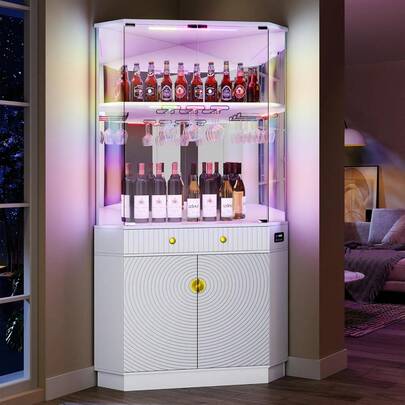  Vlsrka 71" Tall Corner Bar Cabinet With App Control & Motion Sensor LED, Modern Liquor Display Cabinet With Mirror Back & Glass Doors, Corner Wine Rack Tower With Textured Storage