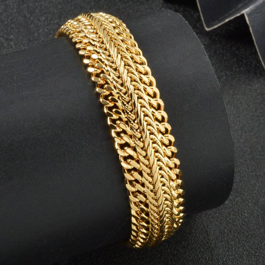 Retro 14k Copper Gold Plated 18/20cm Three Strand Whip Pattern Bracelet Punk Style Women Daily Fashion Versatile Jewelry - Gold - View 1