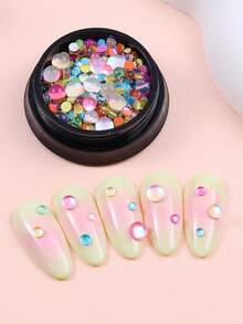 1盒半圆形炫彩珠子美甲装饰，美人鱼串珠混色水晶珠亚克力美甲平底石，春夏DIY美甲配件工具美甲用品 - 彩色 - 查看 10