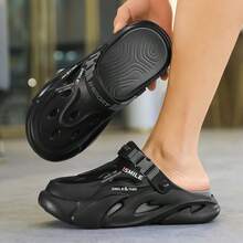 男士新款夏季户外字母中国风街头EVA（乙烯-醋酸乙烯共聚物）一脚蹬沙滩派对凉鞋情侣透气度假休闲鞋四季 - 黑色 - 查看 14