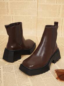 女士时尚方头优雅通勤踝靴，黑色或棕色，粗跟，套穿式，百搭 - 棕色 - 查看 3