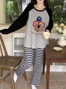 两件套女士睡衣套装，狗狗印花睡衣，韩式休闲风格，插肩袖设计，条纹裤可户外穿着，居家外出新款配套套装（图案随机） - 黑色 - 查看 5