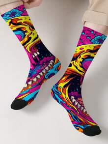 1 Pair Of Men's Novelty Socks With 3D Digital Print Skull Design, Mid-Calf Socks With 360° Print, Creative And Funny Socks, Couple Gift Socks, Suitable For All Seasons - Multicolor - View 4