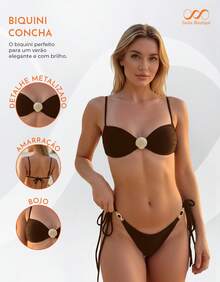 Thin Strap Thong Bikini With Side Tie, Shell Buckle, And Padded Cups - Rust Brown - View 6