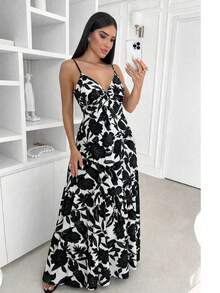 Women's Long Dress With V-Neck, Thin Straps, And Flowing Skirt. - Hoa đen - Xem 1