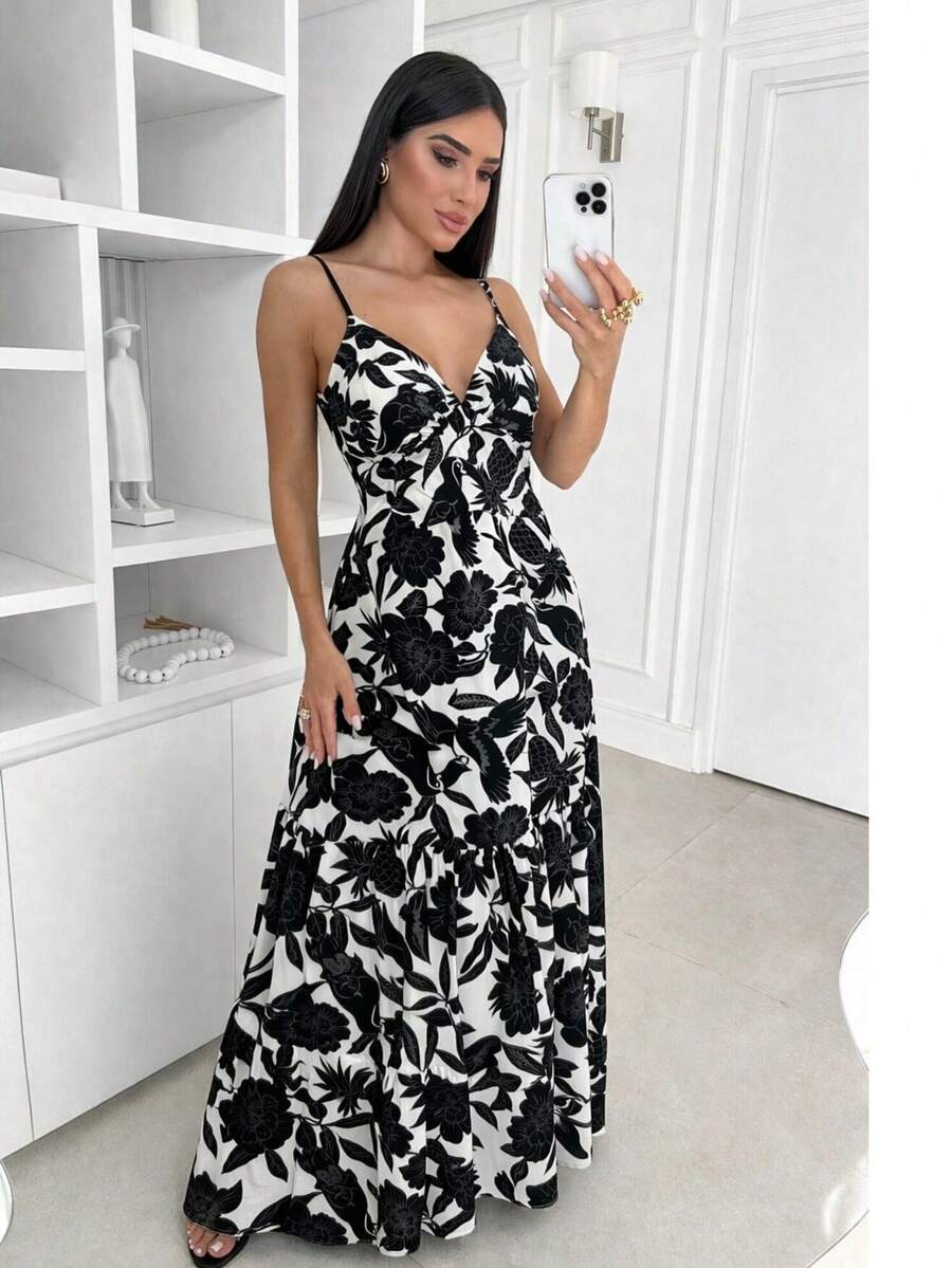 Women's Long Dress With V-Neck, Thin Straps, And Flowing Skirt. - Hoa đen - Xem 1