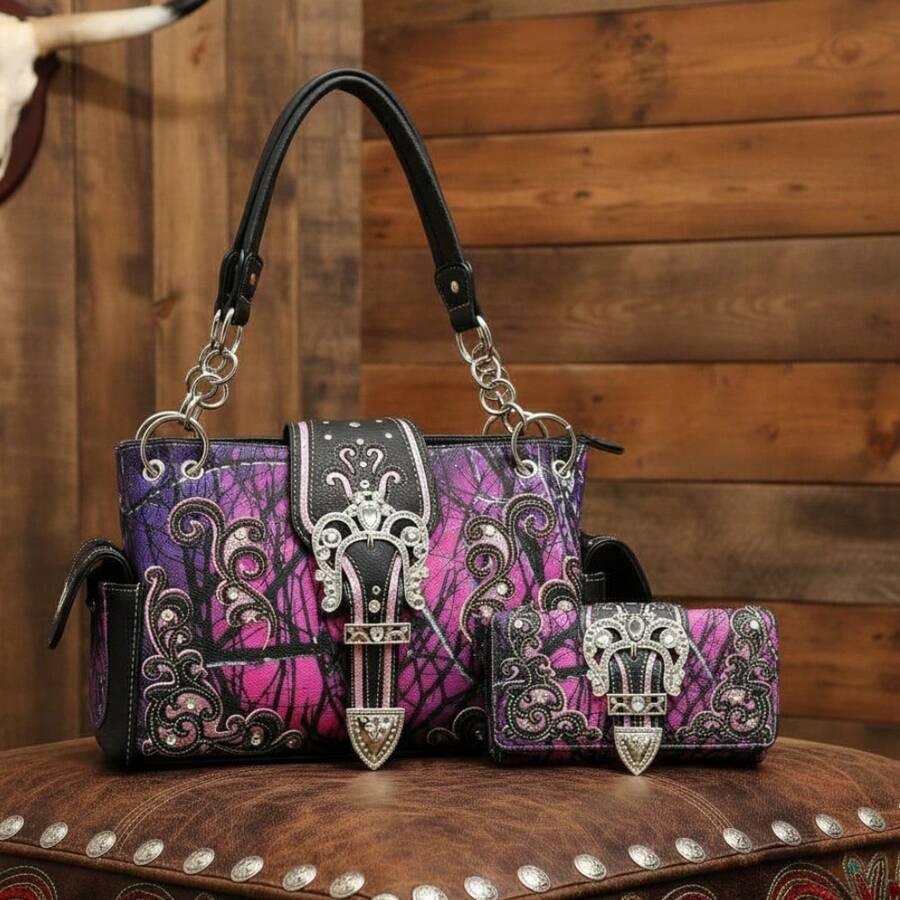 Camouflage Crown Buckle Western Concealed Carry Purse Floral Sparkle Country Handbag Women Shoulder Bag Crossbody Wallet Set - 紫色 - 查看 1