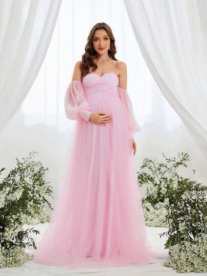 Faeriesty Elegant Maternity Evening Dress: Long Dress With Puff Sleeves, Sheer Chiffon Layers, Draped Bodice, Mermaid Style Pleated Skirt, Lightweight And Embellished Fabric - Perfect For Maternity Wedding Photography, Maternity Wedding, Mother's Day Portrait, Baby Shower, Pregnancy Announcement