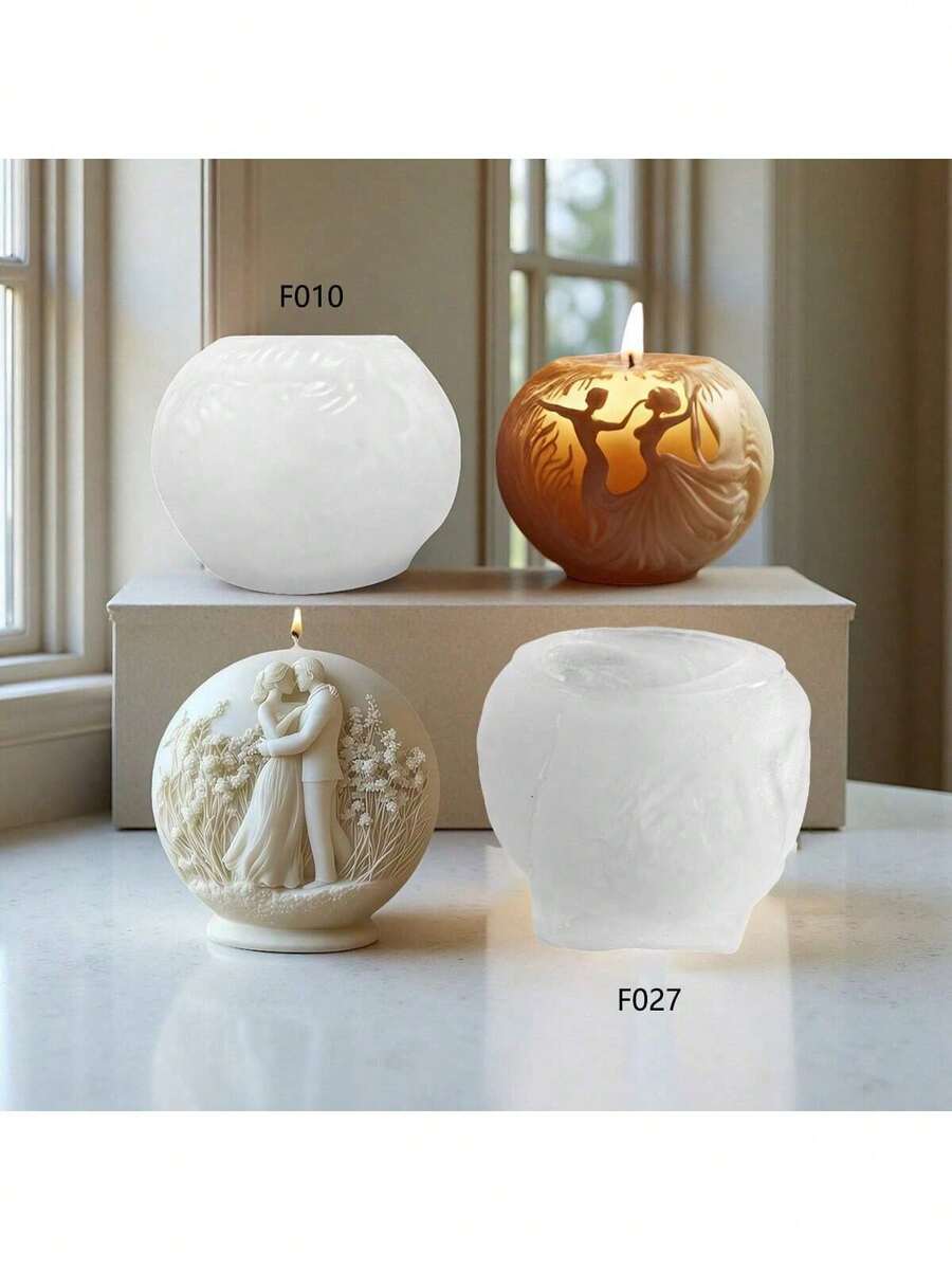 Romantic Couple Kissing Silicone Mold, Spherical Candle With Floral Relief Design - White - View 1
