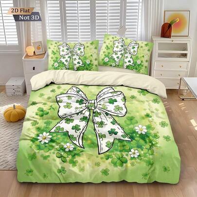 圣帕特里克节三叶草主题印花被套三件套，轻盈舒适，四季皆宜，包含1个拉链被套和2个枕套，数码印花，100%涤纶，可机洗，无填充物 - 简约高端，透气涤纶面料，四季皆宜，多种尺寸可选，包括超大尺寸，满足不同需求，适合所有人，适用于所有房间、卧室、酒店和旅馆。