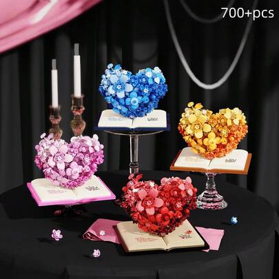 700+片DIY心形积木玩具套装，ABS材质，带底座，浪漫拼装玩具收藏模型，家居/办公装饰，生日/情人节礼物