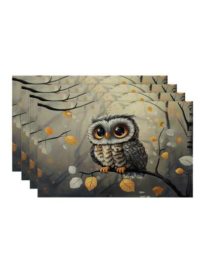 4pcs Cartoon Owl Digital Print Placemats, Washable, Kitchen Dining Table Mats, Waterproof Heat-Resistant Tabletop Decor, Suitable For Home Party, Camping Outdoor Dining, Coffee Table, Spring & Summer