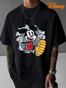Disney Men's T-Shirt With Mickey Mouse Cartoon Pattern Printed On The Front And Back, Fashionable, Soft And Comfortable Cotton T-Shirt, Retro Cartoon And Street - Black - View 2