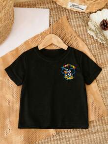 Casual Disneyland Kids' Tee – Versatile Black Short Sleeve Top With Double-Sided Print For Mix-And-Match Outfits - 黑色 - 查看 3