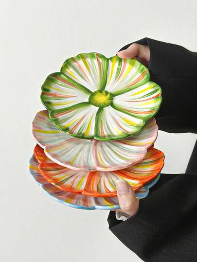 4件套彩色花卉陶瓷餐盘，韩式简约风格餐具，适用于家庭、餐厅、聚会、厨房、食品托盘，可作为乔迁礼物、斋月礼物、母亲节礼物。