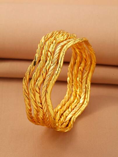 4pcs Fashionable Personalized 18K Gold Plated Twisted Bangle Bracelets, Suitable For Party, Gift, And Daily Wear