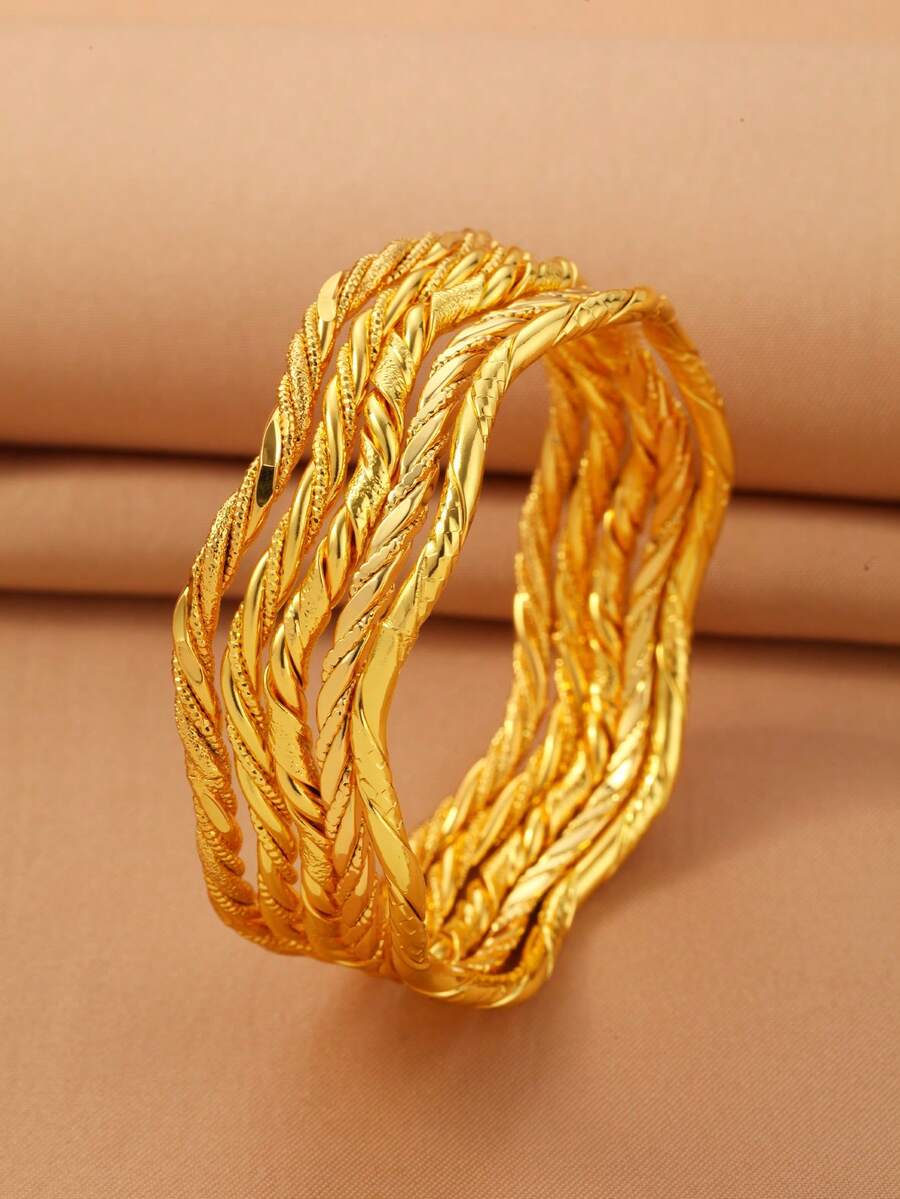 4 Peças Pulseiras Bracelete Torcidas Personalizadas Banhadas a Ouro 18K da Moda, Adequadas para Festa, Presente e Uso Diário - Ouro amarelo - Visão 1