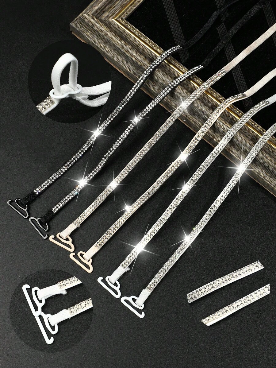2/4pcs Multi-Color Rhinestone Bra Straps, Shiny Non-Slip Elastic Straps, Suitable For Off-Shoulder Dresses - Multicolor - View 1