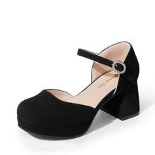 Girls Glitter Platform High Heels Square Toe Ankle Strap Wedding Party Pumps Flower Girl Shoes For Little Big Kid - màu đen - Xem 4