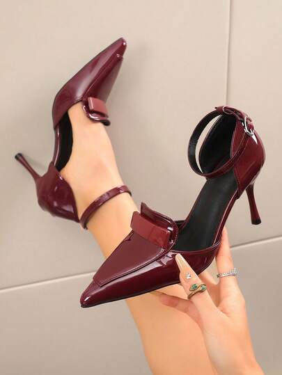 Elegant Pointed Toe One-Strap Women's High Heel Sandals, Versatile Slim High Heel Side Open Wine Red Women's High Heels, Suitable For Business, Office, Party, Wedding, Nightclub, Holiday