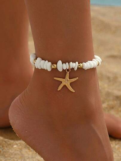 1 Piece Of Ocean Vacation Style Natural White Gravel Beaded Anklet, A Fashionable And Popular Foot Jewelry With A Starfish Pendant, Suitable For Ladies To Wear In Daily Life And Beach Parties. The Shape And Size Of The Stones Are Random And Not Fixed.