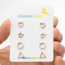 4 Pairs / Set Golden Stainless Steel Geometric Stud Earrings Set ,Heart Shape, Five-Pointed Star, Circle, TriangleSymmetrical Geometric Shapes, Suitable For Daily Wear Or As Gifts - ZH022 - View 9