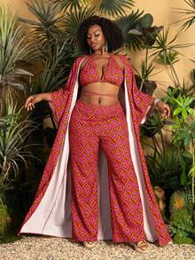 Faeriesty Plus Size Halter Neck Three Pieces Set - Geometric Print Kimono & Wide-Leg Trousers - Perfect For Garden Weddings, Outdoor Portraits & Bohemian Events - Red - View 9