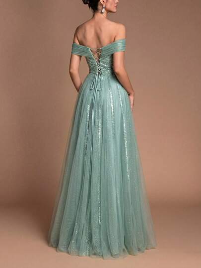 Faeriesty Glamour Elegant Off-The-Shoulder Lace-Up Back Formal Gown With Sparkling Embellishments & Flowing Tulle A-Line For Charity Events, And Luxury Evening