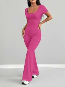 AITYI Studio 女士连体裤，修身剪裁，休闲 U 领纯色时尚性感舒适修身，适合户外运动，百搭实用，适合毕业典礼、新年、情人节、春夏等场合穿着。弹力针织短袖喇叭裤连体裤。 - 玫紅色 - 查看 6