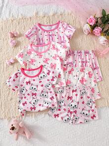 3 Sets (6pcs) Girls & Toddlers Casual Cat, Bow, Star, Heart Pattern Soft & Comfortable Flame Retardant Knit Fabric Short Sleeve T-Shirt And Shorts Pajama Sets, Suitable For Spring/Summer Wear - Multicolor - View 1