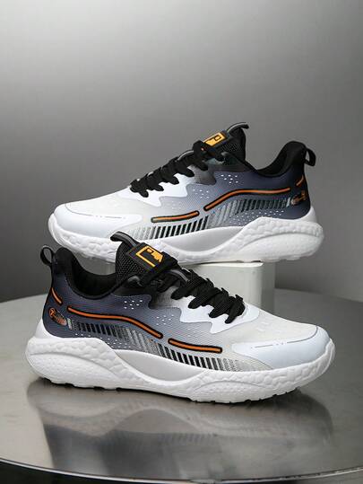 Men's Spring/Summer New Fashion Striped Print Ombre Black & White Mesh Low-Top Lace-Up Running Shoes, Lightweight & Comfortable Casual Sneakers For Teenagers, Outdoor, Commuting, Daily Wear, All Season