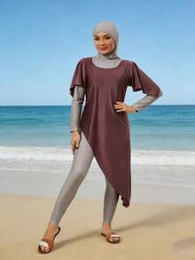 VFJ Burkini pour femmes : Maillot de bain une-pièce à col rond haute élasticité avec couvre-chef et chapeau, style décontracté, convient pour une tenue de bain modeste, vacances à la plage - Fushia - Voir 2