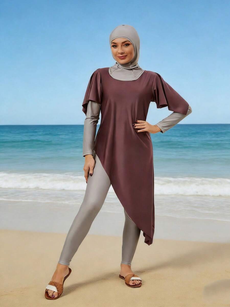 VFJ Burkini pour femmes : Maillot de bain une-pièce à col rond haute élasticité avec couvre-chef et chapeau, style décontracté, convient pour une tenue de bain modeste, vacances à la plage