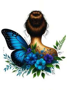 1张/2张/3张蓝色蝴蝶和花童图案热转印贴纸，DIY热压贴花，适用于T恤、牛仔裤、背包等，耐用且可水洗 - L - 查看 1