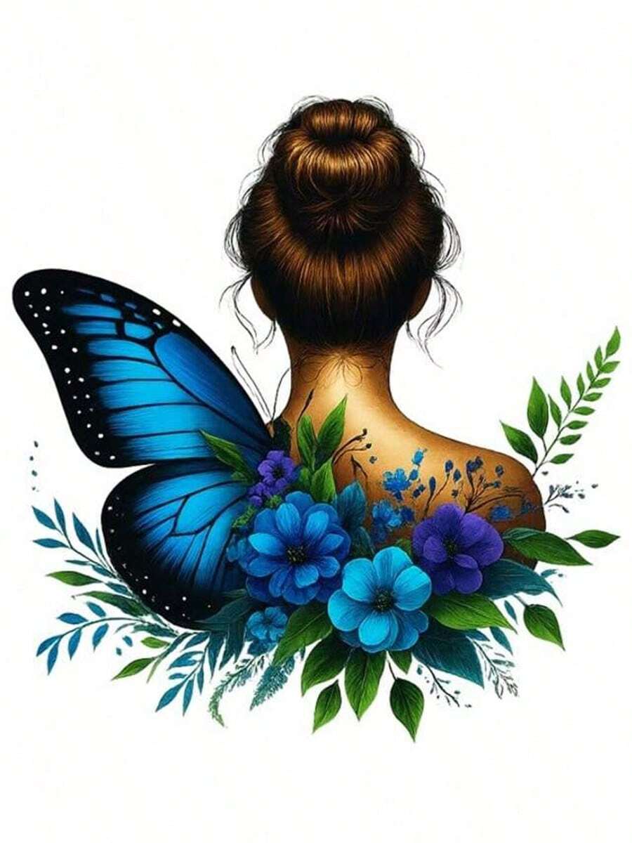 1张/2张/3张蓝色蝴蝶和花童图案热转印贴纸，DIY热压贴花，适用于T恤、牛仔裤、背包等，耐用且可水洗 - L - 查看 1