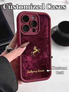 1pc Customizable Phone Case With Gold Galloping Horse Design And Text, Compatible With IPhone 17 Pro Max/17 Air/16E/15/14 Plus/13/12/11, A21S/S24/20 Ultra, Compatible With Redmi Note 13 Pro Plus, Made Of TPU Material, New Burgundy Color, 2026 Year Of The Horse Main Image Design, Fashionable And Personalized Anti-Drop, Best Gift For Family And Friends,International Version, Not The Domestic Version - Burgundy - View 1