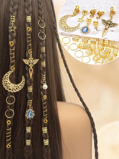 37PCS Gold Hollow Star And Moon,Pearl Braid Clips Dreadlock Accessories Five-Pointed Braid Beads Charms Hair Jewelry For Women Girls Braids