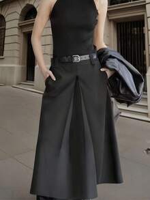 Women's Fashion Black A-Line Mid-Length Skirt - High Waist, Flared Design, Polyester Fabric, Suitable For Commute Or Casual Wear, All Seasons (No Belt Needed) - Black - View 10