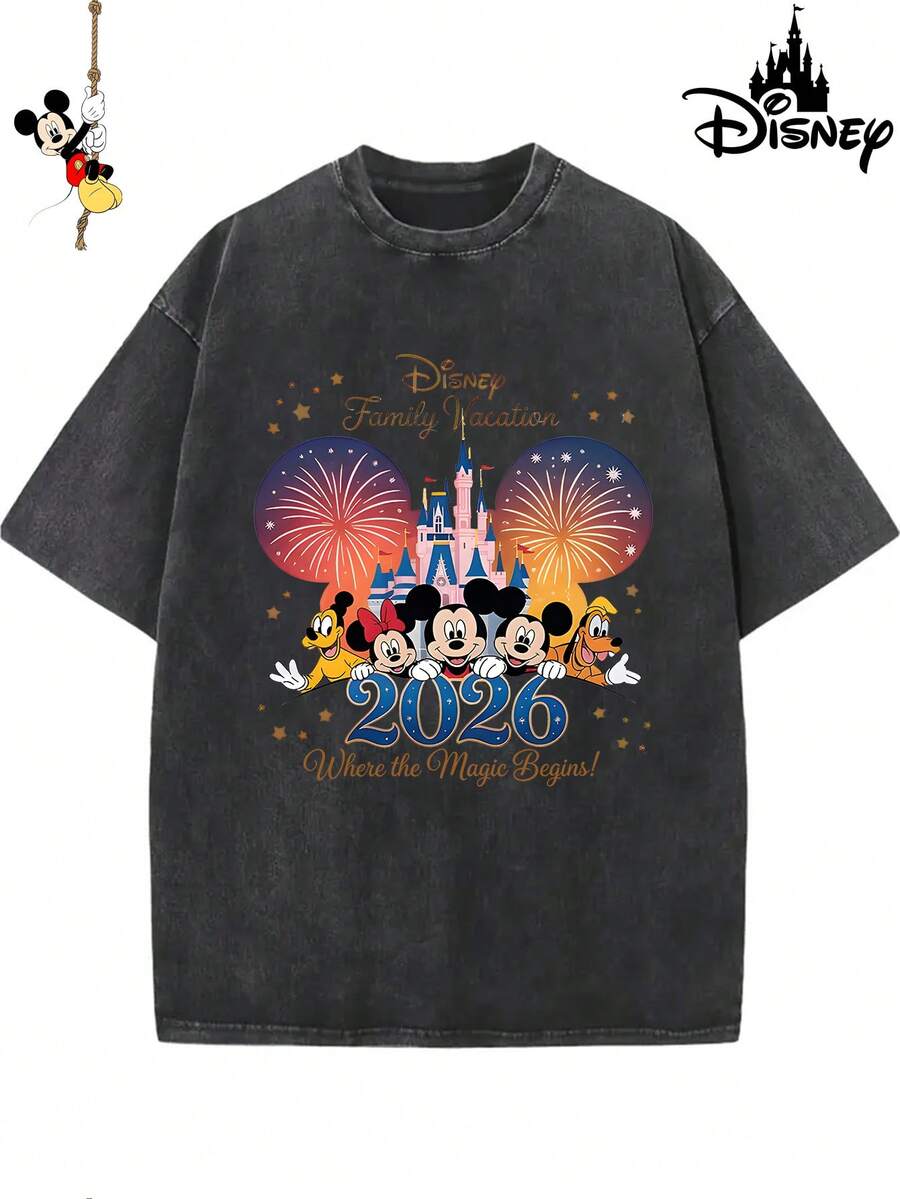 1 New Disney Cotton Washable T-Shirt, Disney World 2026 Limited Fireworks Castle Print, Round Neck Leisure And Comfortable Cotton Washable T-Shirt, Suitable For Sports And Daily Wear, Good Choice For Gifts, Necessary For Parties, High-Quality Clothing, Suitable For Gifts. - 黑色 - 查看 1