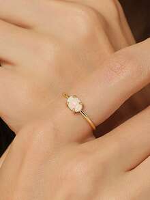 Charm-In Luxury Plated Gold Faux Opal Delicate Ring, Oval Iridescent Gemstone Design, Romantic Jewelry For Dates, Ideal Valentine's Day Gift For Girlfriend - Gold - View 3