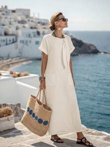 纯色休闲短袖抽绳圆领宽松口袋中长连衣裙，夏季优雅 - 米色 - 查看 2