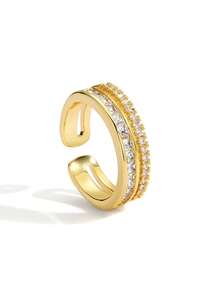 Women's Gold-Plated Zirconia Ring, Adjustable Double-Layer Open Ring Design With Micro-Inlaid Zirconia Stones, Minimalist Elegant Style For Daily Commute/Versatile, Fashionable Birthday Gift - Gold - View 5
