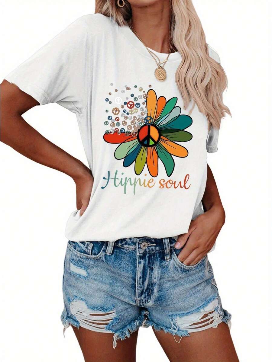 Women's Hippie Soul Graphic T-Shirt - Bohemian Floral &Amp; Peace Symbol Design, Short Sleeve Crew Neck Casual Top, Machine Washable Summer &Amp; Spring Tee, Everyday Top, Vibrant Design, Relaxed Fit Top - White - View 1