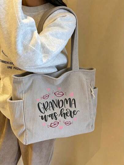 "Grandma Was Here" Fun Corduroy Tote Bag – Large Capacity Shoulder Bag For Shopping, Travel & Daily Use | Perfect Gift For Grandma On Mother's Day, Valentine's Day, Women's Day & Birthdays