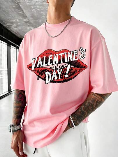 2pcs Men's Crew Neck Short Sleeve T-Shirt, Lip Print Graffiti Pattern, Pilling Resistant & Easy Care, American Street Style, Ideal For Valentine's Day And Casual Daily Wear