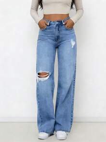 PETITE Women's Classic Washed Distressed Denim Jeans, Versatile Fashion, Suitable For Daily Commute Or Vacation Wear - Medium Wash - View 3