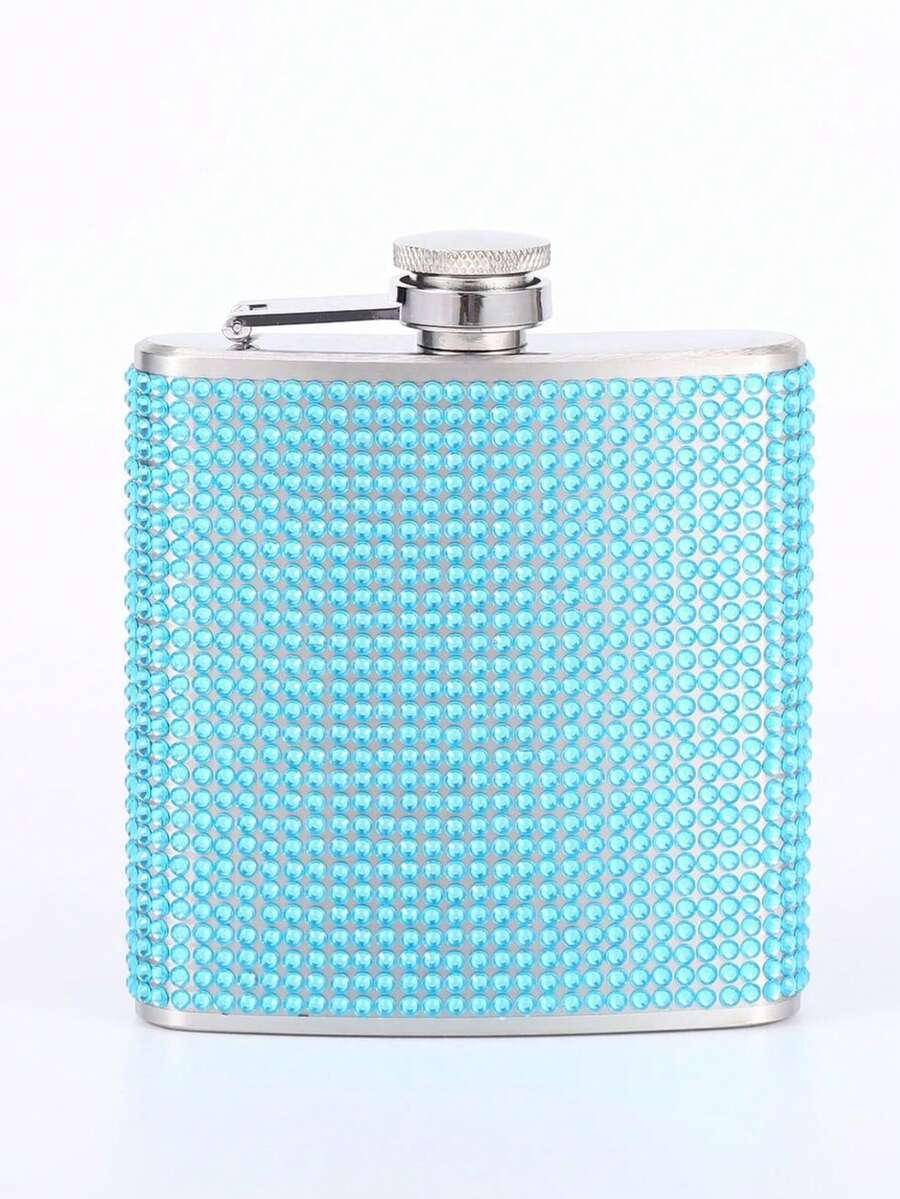1pc 180ml/6oz Creative Stainless Steel Rhinestone Liquor Flask With Funnel, Portable Mini Whiskey Flask With Leak-Proof Metal Screw Cap, Suitable For Holiday Gifts - الأزرق - مشاهدة 1